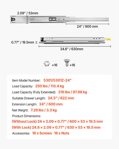 1 Pair Full Extension Drawer Slides 16 18 20 24 30 35 37.4 59 24 32 36 40 48 60 in, 250 lbs Load Capacity Locking Drawer Slides, Ball Bearing with Lock Side Mount Drawer Slide Rail