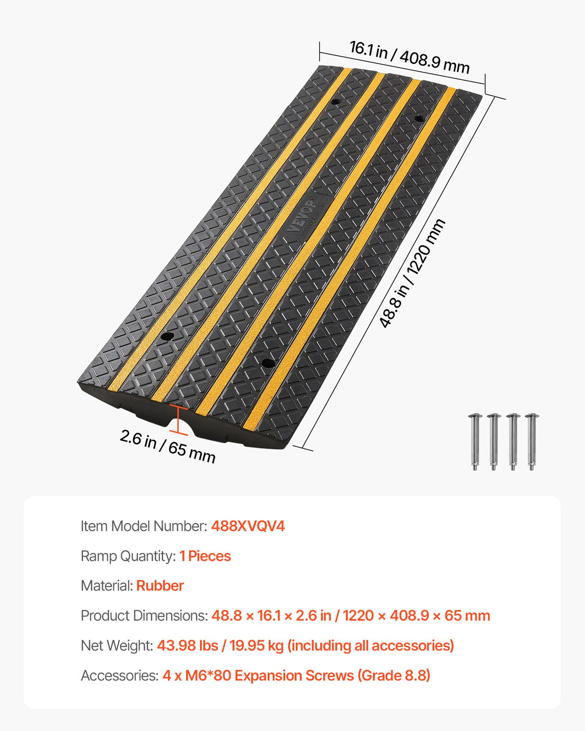 Car Driveway Rubber Curb Ramp, 15 Tons Load Capacity, 66 mm Rise Curbside Bridge Ramp with Yellow Reflective Strips, Suitable for Loading Dock, Warehouse, Garage, Sidewalk (1 Pack)
