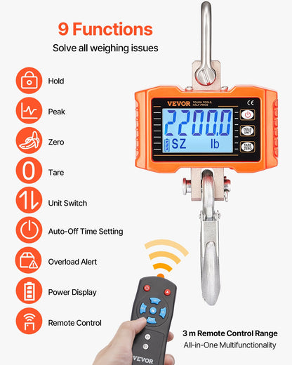 Digital kranvåg, 1000 kg, industriell kraftig hängvåg med fjärrkontroll, gjuten aluminiumhölje och LCD-skärm, hög precision för bygg, fabrik, gård, jakt (orange)