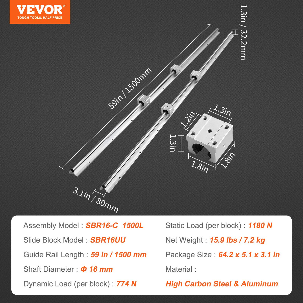 Linear Guide Rail Set, SBR16 1500mm, 2 PCS 59 in/1500 mm SBR16 Guide Rails and 4 PCS SBR16UU Slide Blocks, Linear Rails and Bearings Kit for Automated Machines DIY Project CNC Router Machines