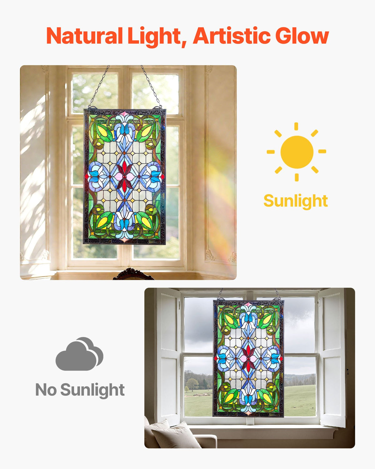 Fönsterpanel i målat glas, 433 x 731 mm, hängande överljuspanel i Tiffany-stil med kedja, stor vertikal rektangulär färgad glaspanel, traditionellt konsthantverk för köksinredning