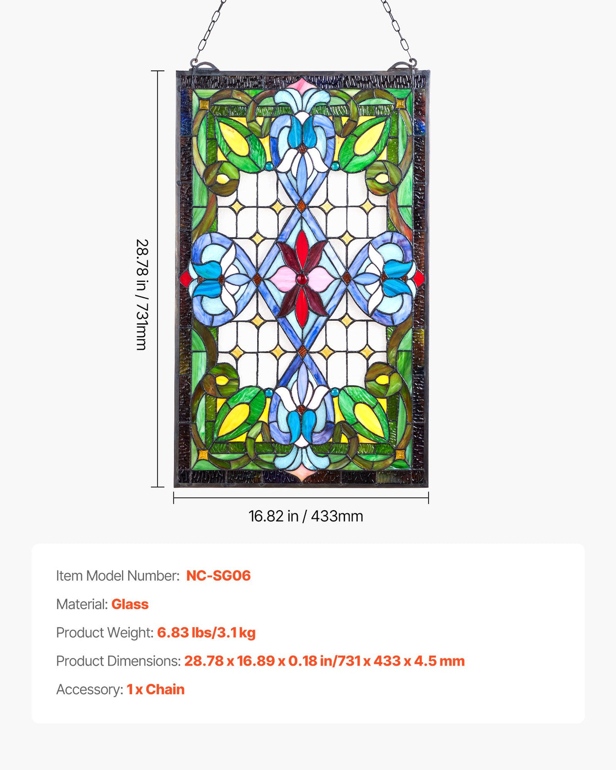 Fönsterpanel i målat glas, 433 x 731 mm, hängande överljuspanel i Tiffany-stil med kedja, stor vertikal rektangulär färgad glaspanel, traditionellt konsthantverk för köksinredning
