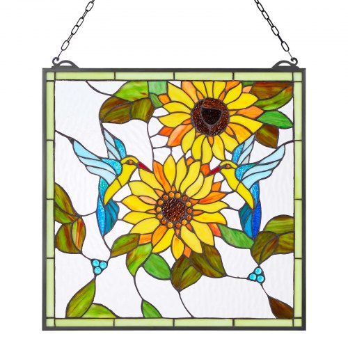 Fönsterpanel i målat glas, 502 x 520 mm, hängande överljuspanel i Tiffany-stil med kedja, stor vertikal rektangulär färgad glaspanel, traditionellt konsthantverk för köksinredning