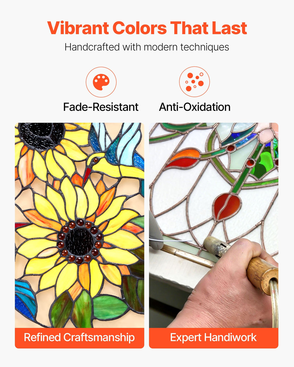 Fönsterpanel i målat glas, 502 x 520 mm, hängande överljuspanel i Tiffany-stil med kedja, stor vertikal rektangulär färgad glaspanel, traditionellt konsthantverk för köksinredning