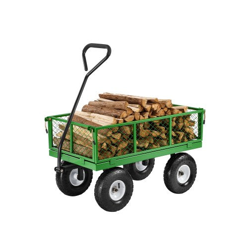 340 kg stålträdgårdsvagn på hjul, kraftig trädgårdsvagn, utdragbar, metall utomhusvagnar med 25 cm däck, avtagbara nätsidor och 180° roterande handtag