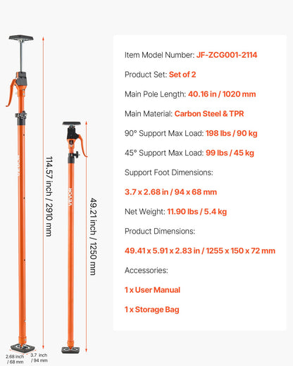 Stödstång för skåpdomkraft, 2-pack, 125-291 cm teleskopisk snabbstödstång i stål, justerbart 3:e handssystem upp till 90 kg kapacitet för installation av skåp, lyft av gipsväggar, laststänger