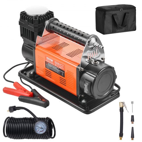 12V bärbar däckpump, 7.06CFM kraftig luftkompressor, 150PSI terrängluftpump med adaptrar för bil, SUV, husbil, lastbil - inkluderar 6.5FT strömsladd, 26FT luftslang med tryckmätare, bärväska