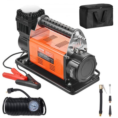 12V bärbar däckpump, 7.06CFM kraftig luftkompressor, 150PSI terrängluftpump med adaptrar för bil, SUV, husbil, lastbil - inkluderar 6.5FT strömsladd, 26FT luftslang med tryckmätare, bärväska