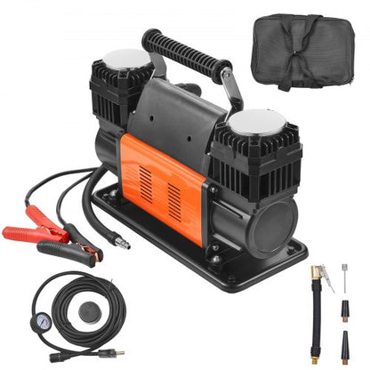 10,6 CFM kraftig luftkompressor, 30 sekunders snabb uppblåsning | Bärbar däckpump med två cylindrar, 12V 150PSI terrängluftpump med adaptrar för lastbilar, bilar, SUV, fyrhjulsdrivna fordon, husbilar