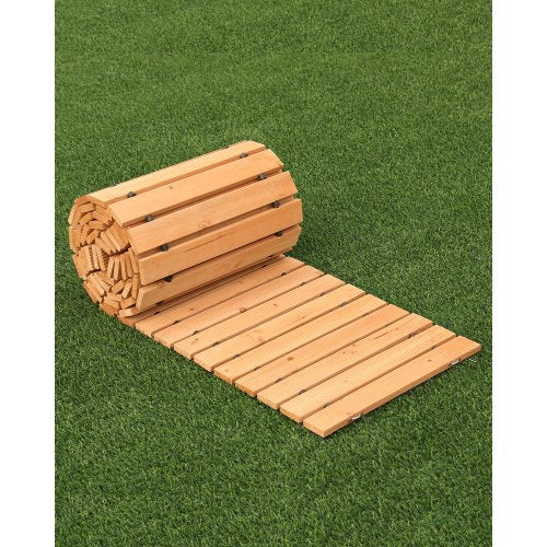 Trädgårdsgång i trä, 3,6 m L x 4,7 cm B, halkfri rak trädgårdsgång, utrullbar cederträgångväg för utomhusbruk med vajeranslutning, dekorativ trädgårdssten för bröllopsfest i trädgården