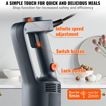Kommersiell stavmixer, 750 watt kraftig handmixer, köksstavsmixer med variabel hastighet och kniv i 304 rostfritt stål, bärbar multifunktionell mixer för soppa, smoothie, puré, barnmat