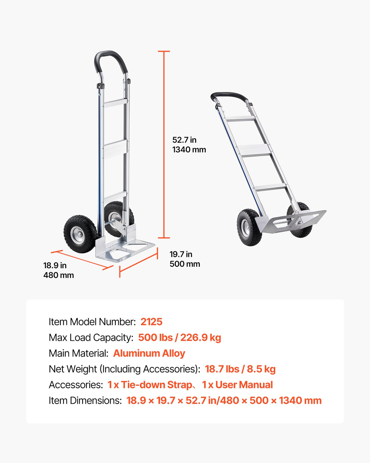 Handkärra, 226,9 kg lastkapacitet, kraftig handkärra med halkfria hjul och handtag, bärbar vagn i aluminiumlegering med surrband för flytt av hem, kontor, lager