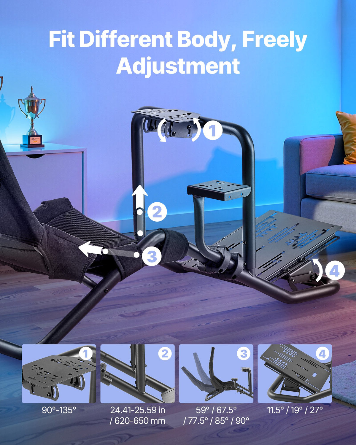 Stativ för racingratt, kraftigt integrerat simulatorstativ för cockpit, passar Logitech G25, G27, G29, G920, G923, Thrustmaster T300RS, TX F458, T500RS, T3PA-PRO (F1/GT) och CSR-pedaler, svart