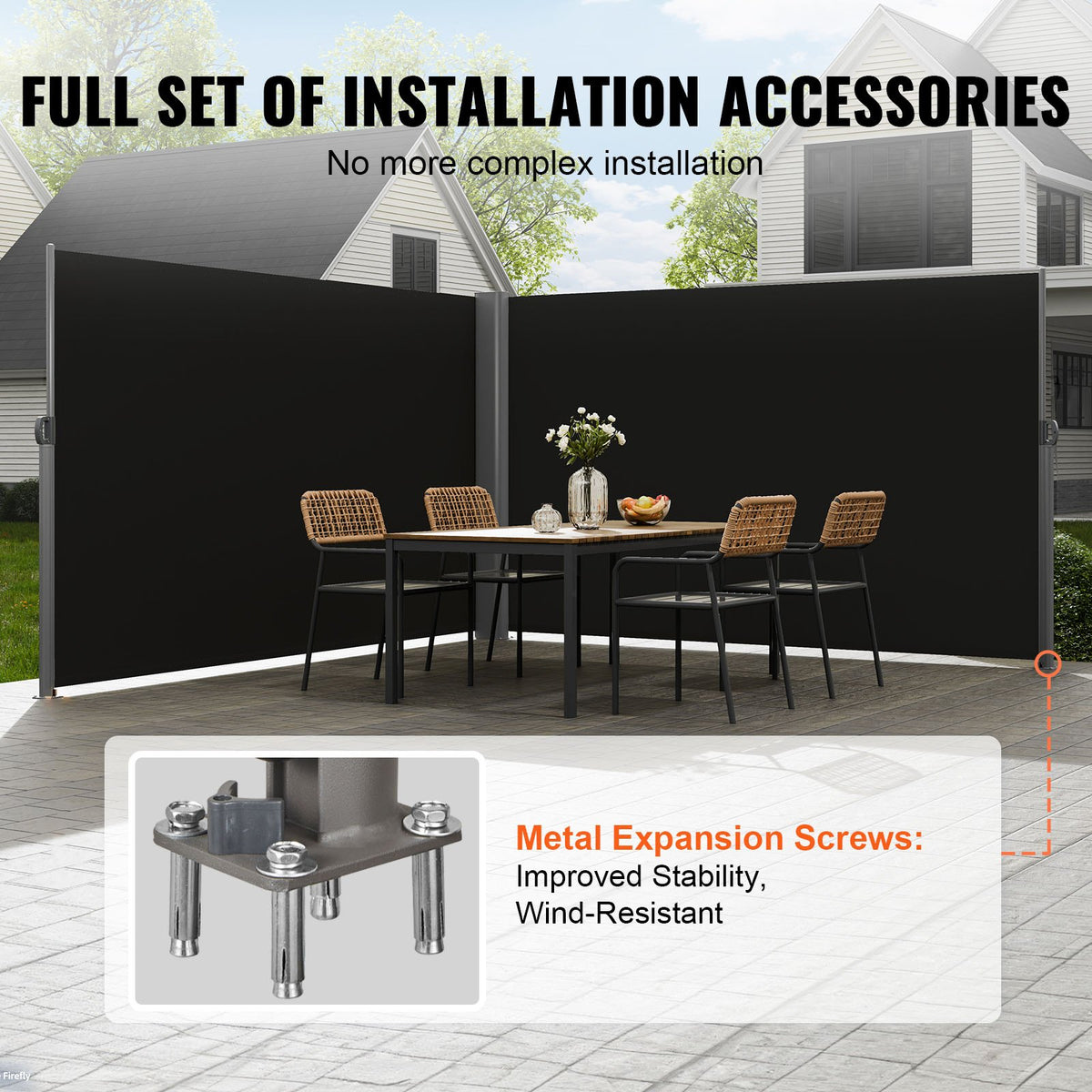 Utfällbar sidomarkis, 71''x 236'' aluminium utomhusskärm, 280g polyester vattentät utfällbar terrassskärm, UV 30+ rumsavdelare vindskärm för uteplats, bakgård, balkong, svart