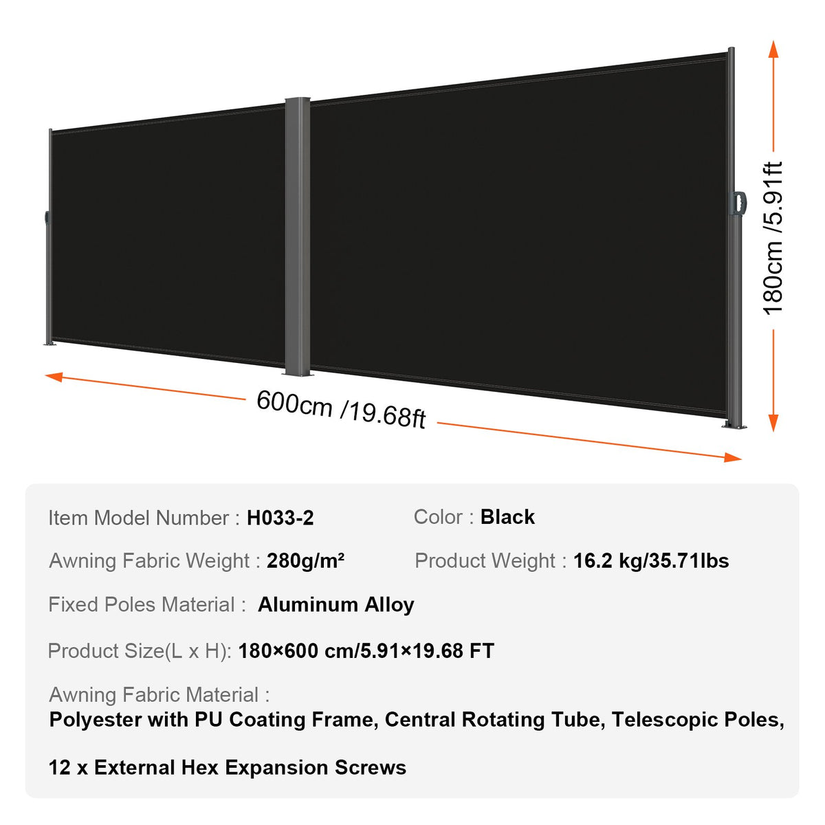 Utfällbar sidomarkis, 71''x 236'' aluminium utomhusskärm, 280g polyester vattentät utfällbar terrassskärm, UV 30+ rumsavdelare vindskärm för uteplats, bakgård, balkong, svart