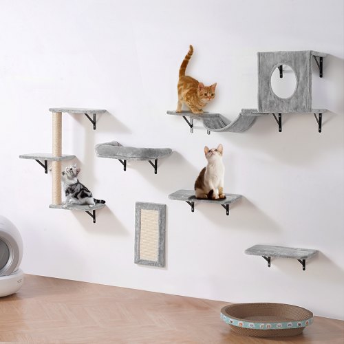 Väggmonterade katthyllor, vägghyllor och sittpinnar för katt med hoppbrädor, hängmatta, soffa, klösträd och kattgrepp, kattmöbler och hyllor upp till 18 kg för att sova, leka, klättra, set om 6