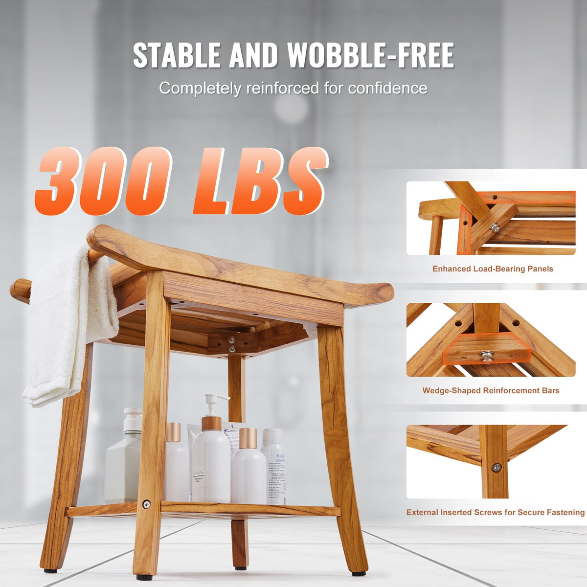 Duschbänk i teak, 62 x 34 x 48 cm, vattentät duschpall i trä med förvaringshylla och halkfria fötter, 136 kg maximal lastkapacitet för duschstol, för inomhus- och utomhusbruk i badrummet