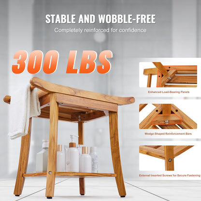 Duschbänk i teak, 62 x 34 x 48 cm, vattentät duschpall i trä med förvaringshylla och halkfria fötter, 136 kg maximal lastkapacitet för duschstol, för inomhus- och utomhusbruk i badrummet