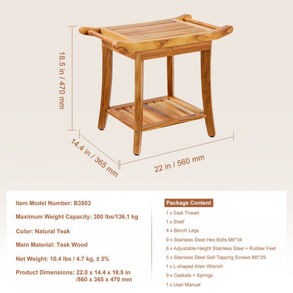 Duschbänk i teak, 62 x 34 x 48 cm, vattentät duschpall i trä med förvaringshylla och halkfria fötter, 136 kg maximal lastkapacitet för duschstol, för inomhus- och utomhusbruk i badrummet