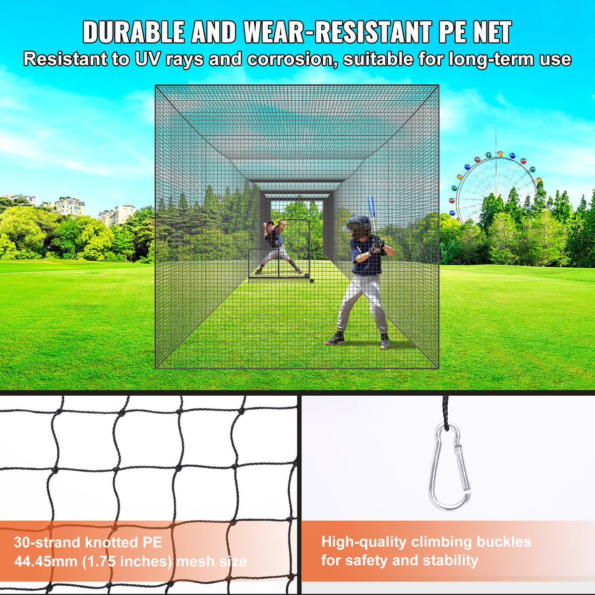 Basebollslagnät, professionellt softbollbasebollslagträningsnät, bärbart pitchingburnät med dörr och bärväska, kraftigt slutet PE-nät, 17,5 m (endast nät)