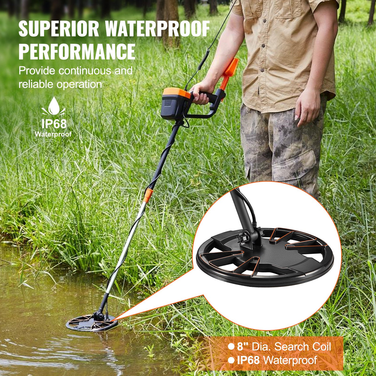 Metal Detector for Adults & Kids, 20.3 cm Waterproof Search Coil with High Accuracy Pointer Display, Adjustable 96.5 cm - 124.5 cm Gold Detector, Lightweight Aluminum Stem for Detecting Gold Treasure
