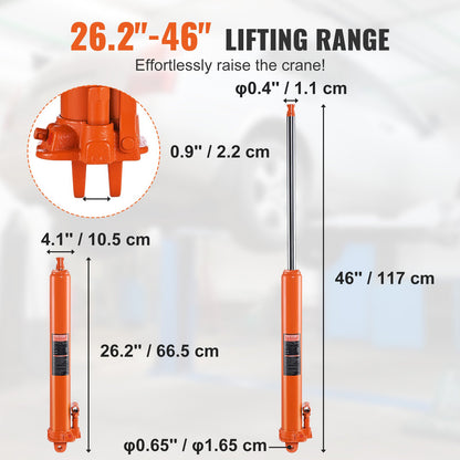 Hydraulisk domkraft med lång kolv, 3 tons motorlyftcylinder med enkelkolvspump och gaffelbas, Hydraulisk kolvcylinder för motorlyft, Hydrauliska garage-/verkstadskranar, Mekanisk, Lantbruk