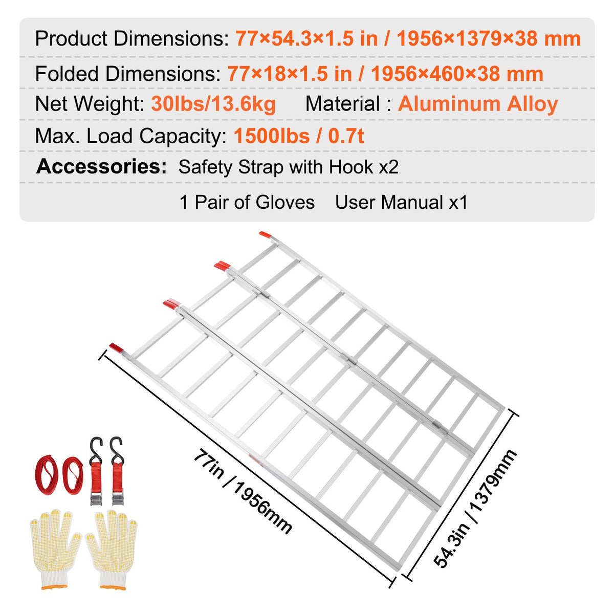Aluminiumramper, 1500 lbs, Trippelvikbar ramp med lastremmar, Hopfällbar lastramp för motorcykel, traktor, ATV/UTV, lastbilar, gräsklippare, snöslunga, 77"L x 54"B, 1 st